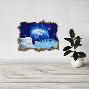 3D wall sticker featuring earth and stars within a broken wall effect for home decoration