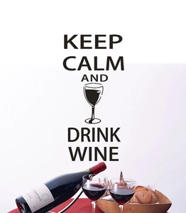 Close-up of Keep Calm and Drink Wine wall decal with wine glasses and bottle scene