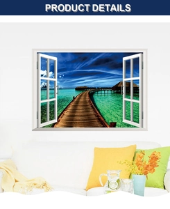 Detail showing 3D ocean view wall sticker with wooden pier and tropical resort aesthetic