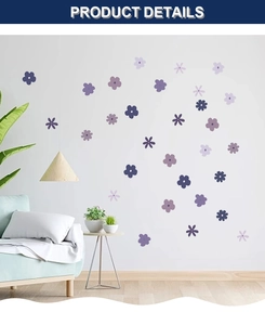 Close-up of decorative purple floral wall stickers in a modern home living room setting