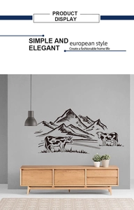 Detailed wall decal featuring farm cows and mountain scenery in minimalist line art style