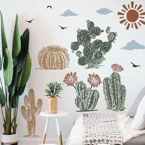 Decorative sun cactus and birds wall stickers for a modern living room interior