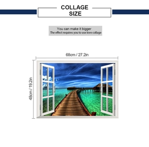 Detailed dimensions of 3D sea view wall sticker showing 68x48cm size with tropical beach scene