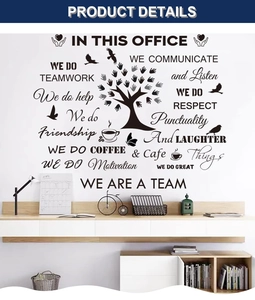 Detail of office wall decal featuring teamwork quotes and artistic tree design