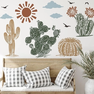Bohemian sun and cactus wall decals with flying birds for modern living room decor