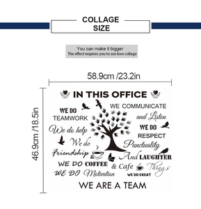 Close-up of office team wall sticker with wisdom tree and motivational English text