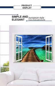 Detail of 3D window wall sticker featuring a tropical ocean view with a wooden bridge