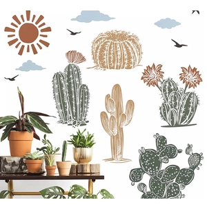 Boho wall decal set featuring sun, cactus and birds in soft Morandi colors for living rooms