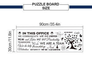 Flat view showing wisdom tree wall sticker layout with teamwork quotes and 90cm size detail