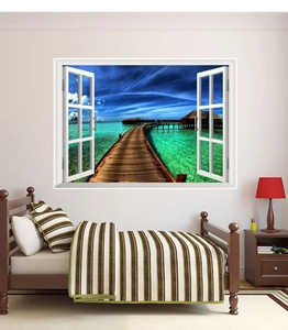 Detailed 3D window wall sticker showing tropical ocean view and wooden pier path