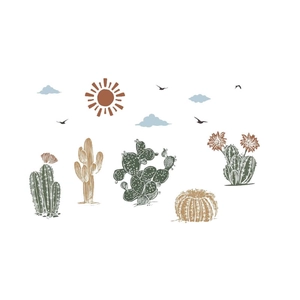 Boho Sun Cactus Birds Wall Stickers for Living Room in Muted Morandi Colors