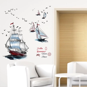 Nautical wall decal set with sailboats and seagulls for a minimalist living room