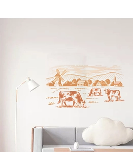 Detailed farm scenery wall sticker with cows and windmills on a modern living room wall