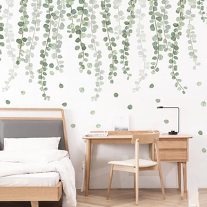 Nordic green eucalyptus vine wall stickers with watercolor leaf design for home decor