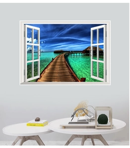 3D sea view wall sticker featuring a tropical ocean wooden pier and clear blue water