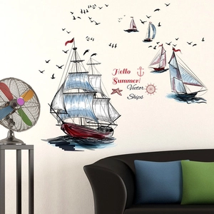 Nautical wall stickers with sailboats and seagulls for a modern living room decor