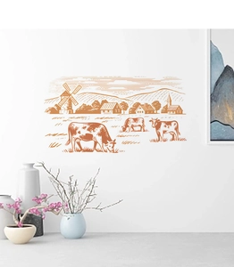 Close-up of farmhouse wall decal showing cattle and windmill in minimalist sketch style