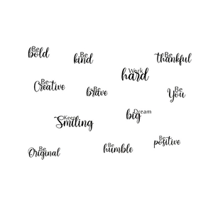 Set of 12 inspirational vinyl wall decals featuring motivational quotes in black artistic fonts