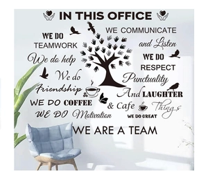 Detail of office wall decal with Teamwork slogan on white wall with plant decor