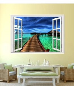 Detail of 3D ocean view window wall sticker showing a tropical pier and sea on dining room wall