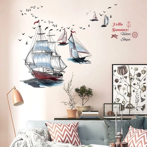 Vintage sailing boat and seagull wall decals for nautical themed living room decor