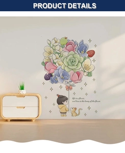 Détail du sticker mural fille avec ballon floral et citation life is a flower