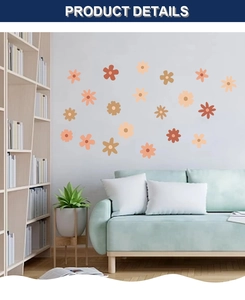 Detail of bohemian daisy wall stickers in warm earthy tones on a living room wall