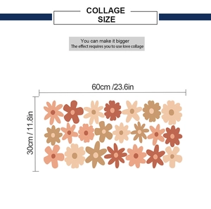 Bohemian floral wall decals in Morandi colors with collage dimensions and sizing details