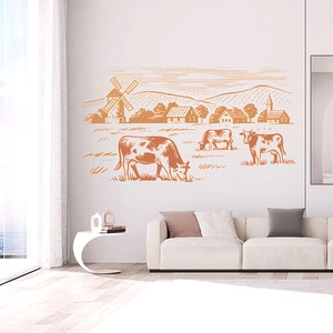 Vintage red-brown farm wall decal featuring cows, windmill and scenic mountains