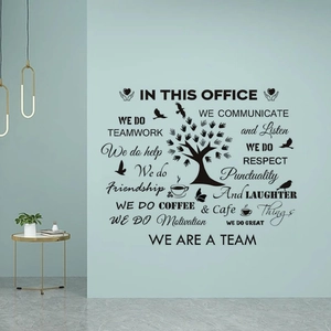 Minimalist black office wall decal featuring a creative handprint tree and motivational text