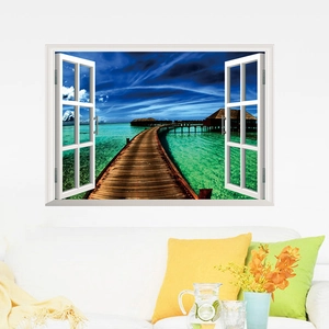 3D ocean view wall sticker with a tropical island pier through a white window frame