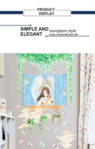 Detail von PVC-Wandaufkleber mit Vintage-Fenster, Mädchen mit Katze und Grünpflanzen