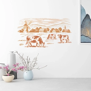 Vintage farmhouse wall decal featuring rustic cows and windmill scene on white wall