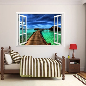 3D ocean view window wall sticker with tropical sea and wooden pier scene for bedrooms
