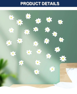 Detail view of 24-piece white daisy wall stickers on a soft green bedroom wall background
