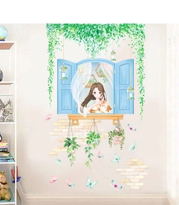 Detailansicht Wandaufkleber mit Mädchen, Katze, blauem Fenster und grünen Ranken im Aquarellstil