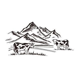 Minimalist black and white hand-drawn cow wall stickers with farm mountains landscape decor