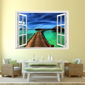 3D ocean view window wall sticker with Maldives landscape and tropical turquoise sea scene