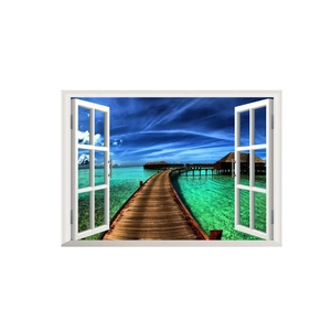 3D ocean view window wall sticker with tropical seascape and wooden bridge scene