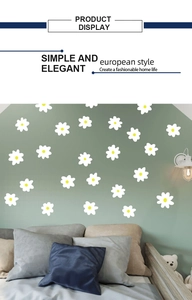 Floral daisy wall stickers applied on bedroom wall with cozy home decor background