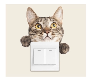Detailed 3D brown tabby cat peeking over a white double light switch on a beige wall