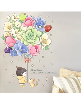 Détail du sticker mural fille au ballon de fleurs avec chat et citation inspirante