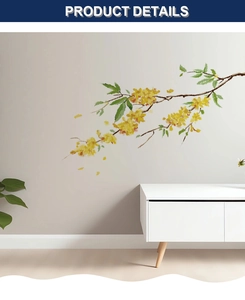 Detail view of floral wall decals featuring yellow flowers and green leaves on grey wall