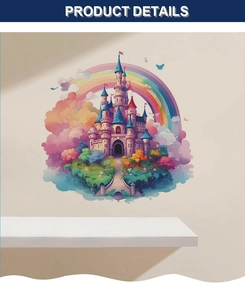 Detail view of colorful cartoon castle and rainbow wall stickers in a child room setting