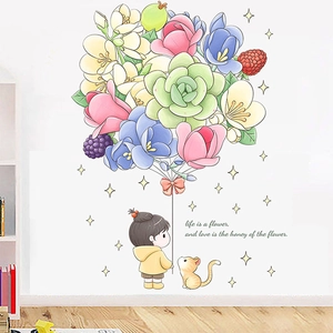 Stickers Muraux Fille de Dessin Animé Ballon de Fleurs Chat DIY PVC Peinture Murale pour Salon Chambre à Coucher Décor