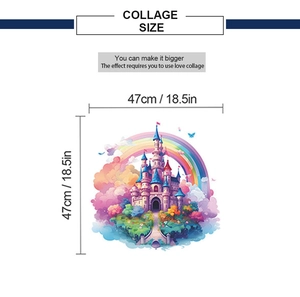 Cartoon castle wall sticker dimensions showing 47cm size with rainbow and clouds