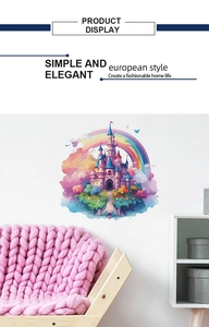 Detail view of cartoon castle wall decals with rainbow and clouds in a kid room setup