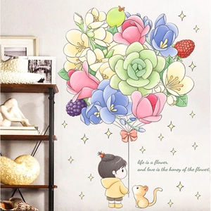 Sticker mural fille tenant un ballon de fleurs avec chat pour décor de chambre