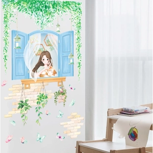 Wandtattoo Mädchen mit Katze und grünen Pflanzen am blauen Fenster für Kinderzimmer