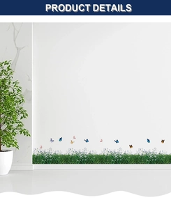 Detailed wall sticker view of vibrant green lawn patterns and colorful flying butterflies